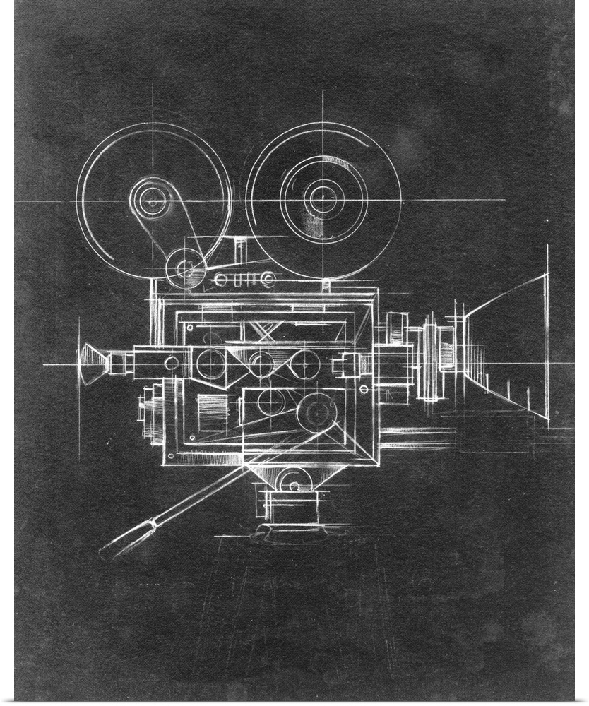Contemporary home decor artwork of a chalkboard style technical drawings of cameras.