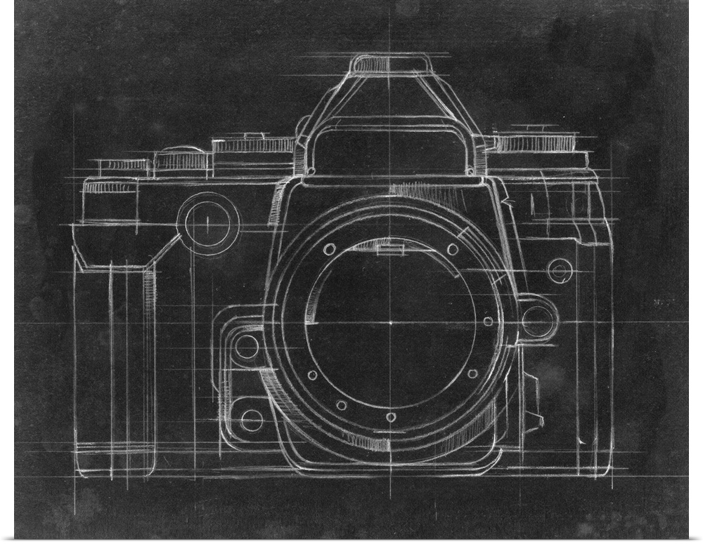 Contemporary home decor artwork of a chalkboard style technical drawings of cameras.