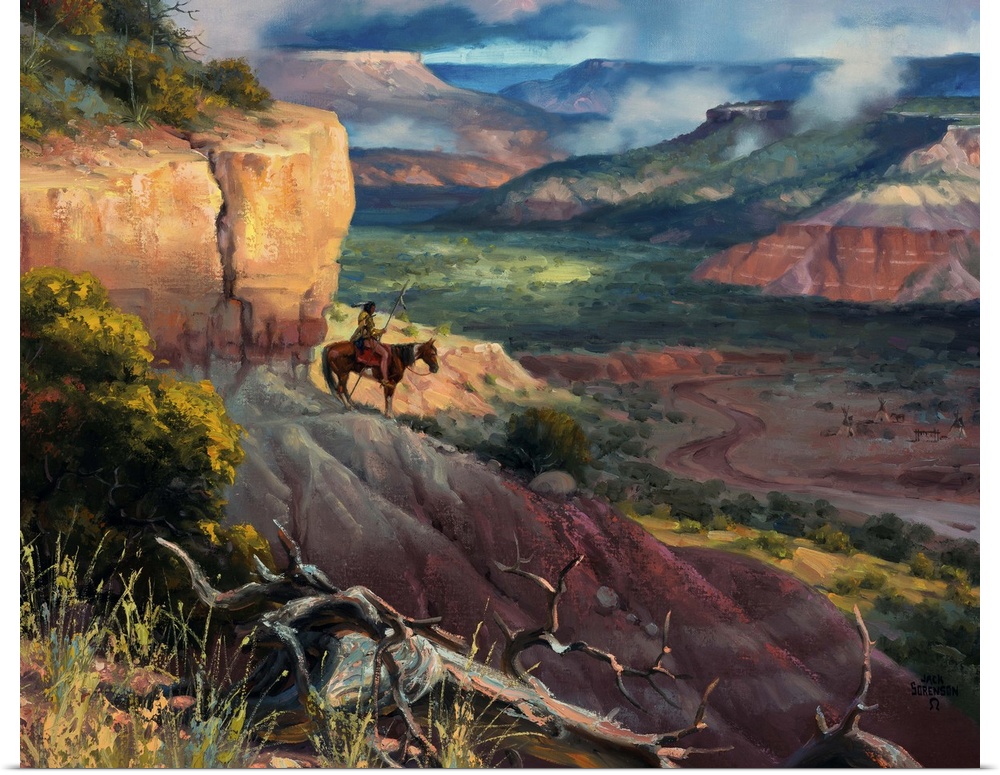 Contemporary Western artwork of a cowboy and his horse on a treacherous trail in the mountains.