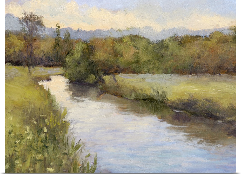 Contemporary painting of a river cutting through a green countryside.