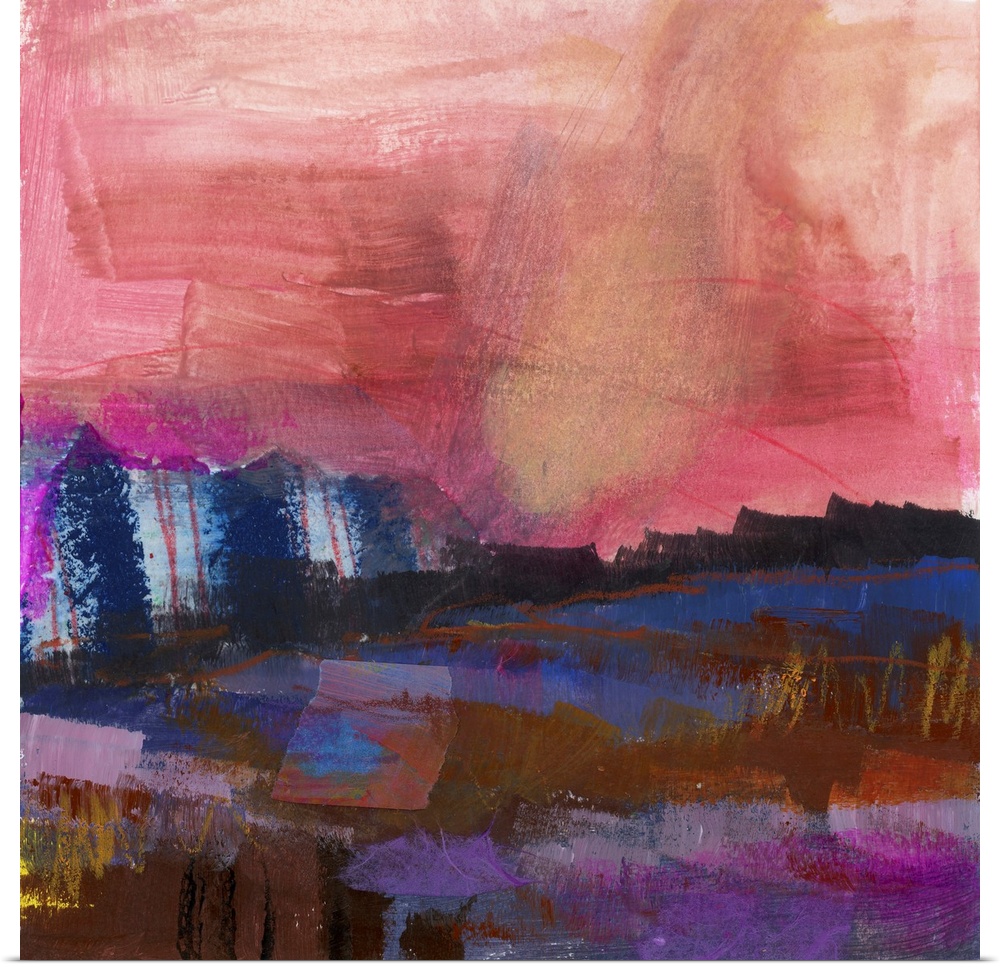 A bright, bold, contemporary abstract painting in jewel tones of pink, blue and purple accented with crayon