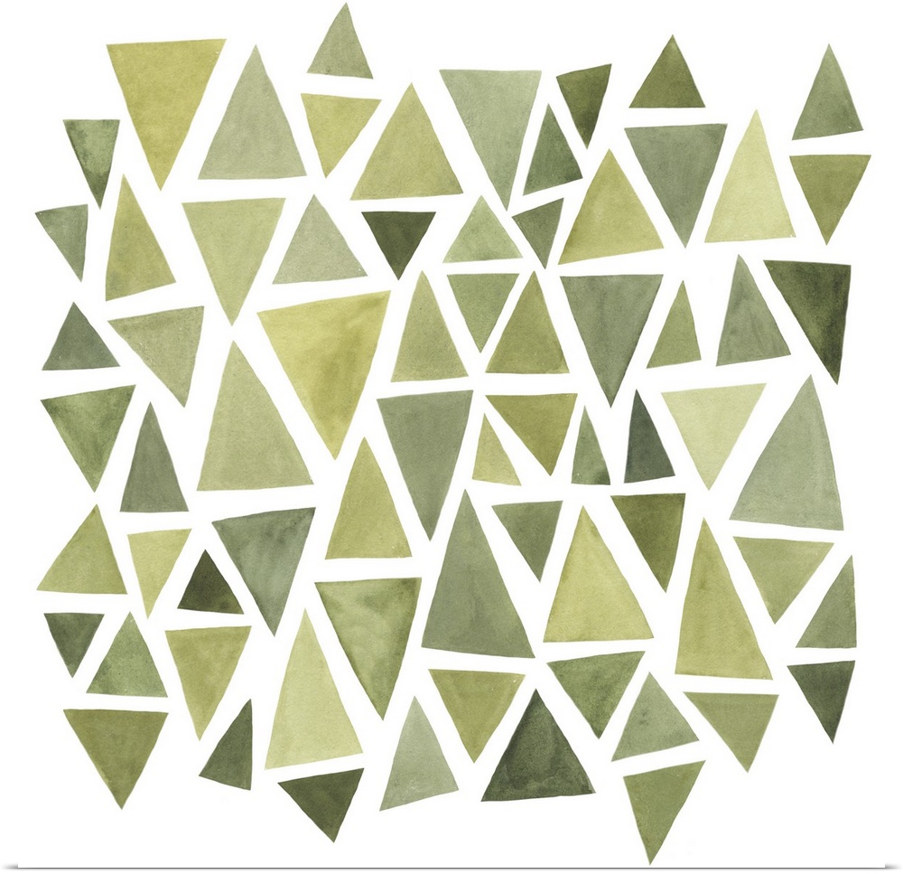 A square decorative image of different sized triangles in varies shades of green on a white background.