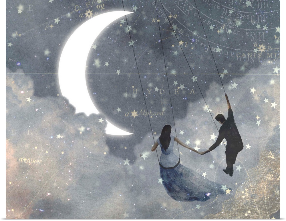 Whimsical design of a couple on swings, flying through the clouds on a starry night with a crescent moon.