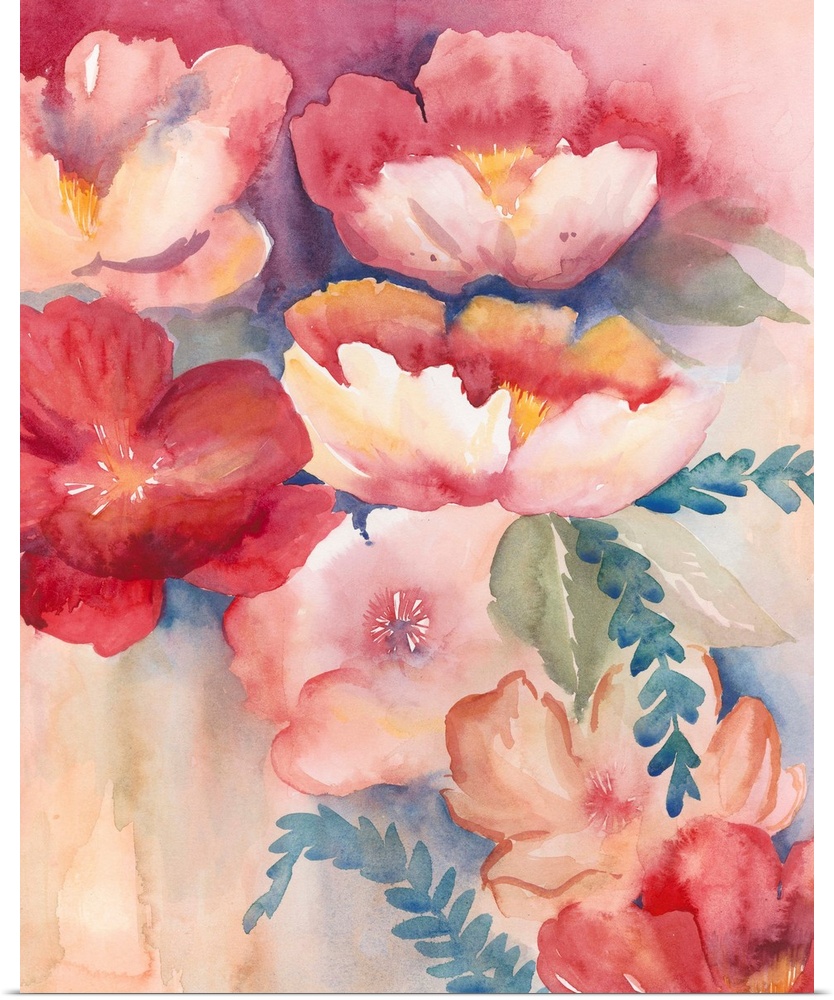 Contemporary flower painting using vibrant red tones ranging from light to dark.