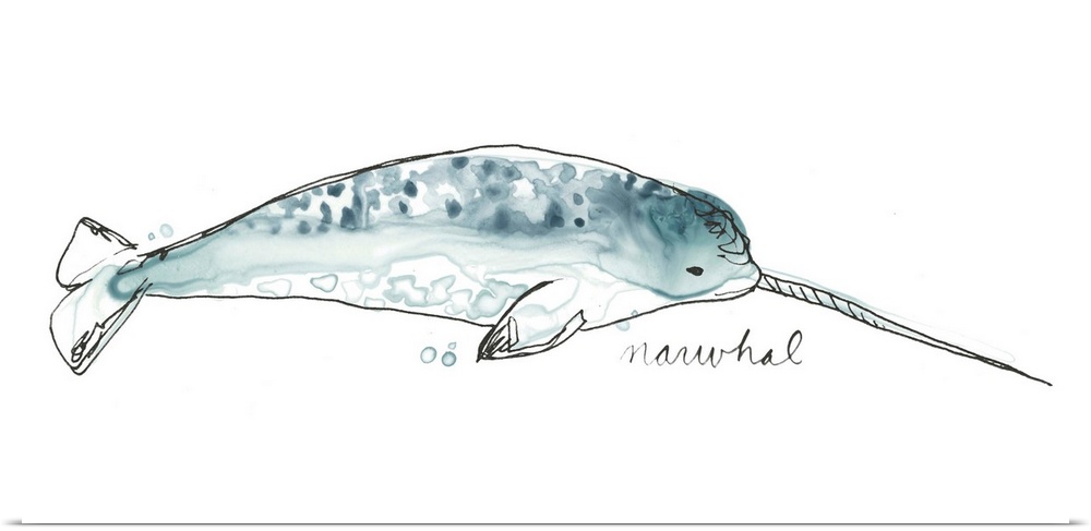 Fun contemporary watercolor drawing of a narwhal.