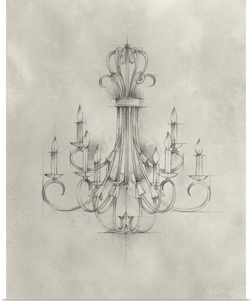This artwork features a drawing of a decorative chandelier with framework lines and cross hatching against a mottled backg...