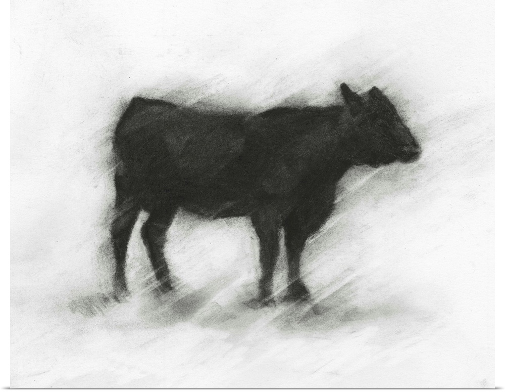 Charcoal artwork of a bovine silhouette against a white background.