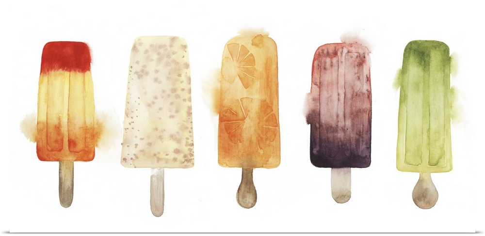 Contemporary watercolor painting of a row of colorful frozen treats.
