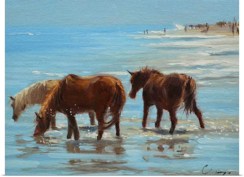 A painting of horses on a beach wading through shallow water.