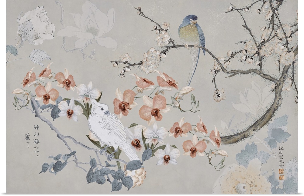 An elegant and soothing art piece showing a pair of birds perched on a flowering branch, accented with chinese letter symbols