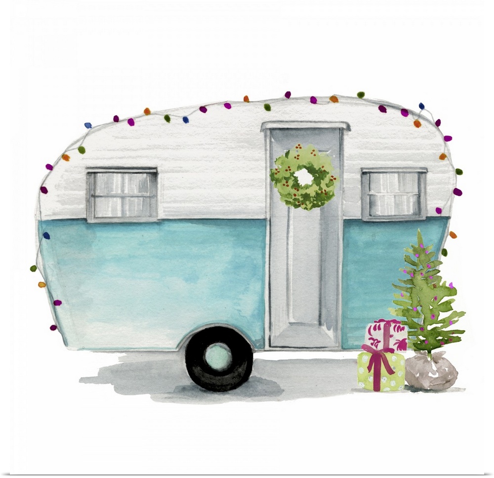 Square holiday image of a vintage teardrop trailer, decorated with multi-colored lights and a Christmas tree.