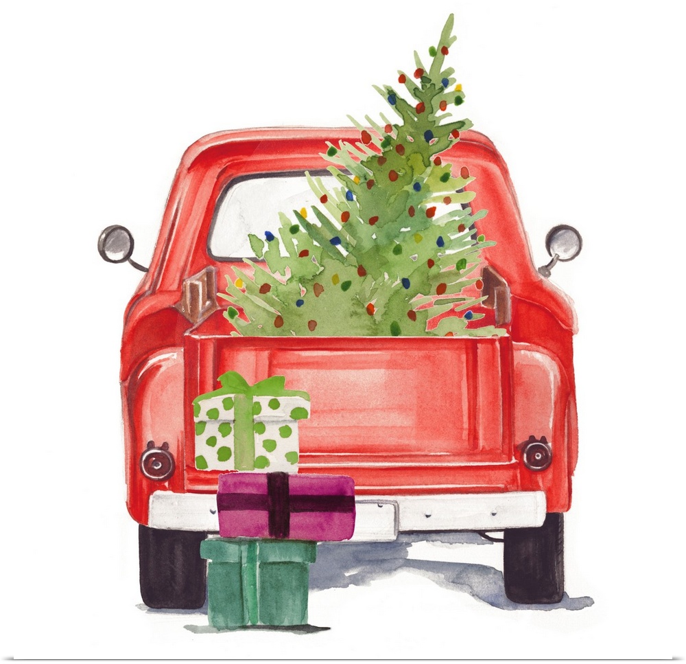 Square holiday image of a vintage red truck, loaded with gifts and a Christmas tree.
