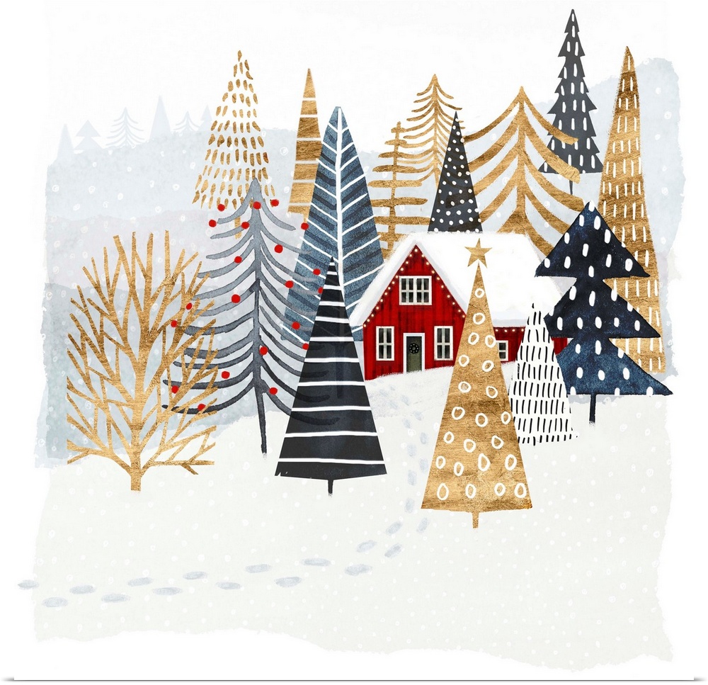 Festively patterned trees in gold and shades of blue surround a red house and embellish a snowy landscape in this decorati...