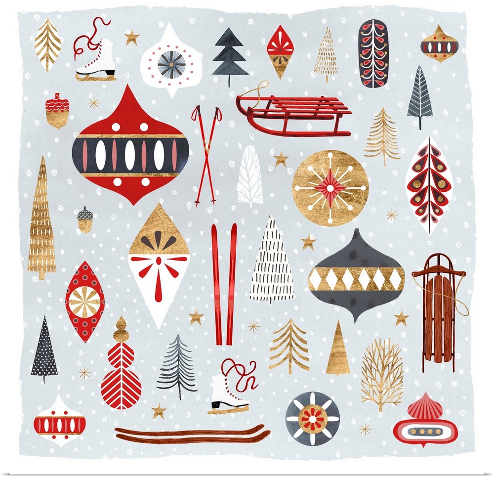 Christmas and winter themed items embellish a soft blue sky with falling snow in this decorative holiday decor.