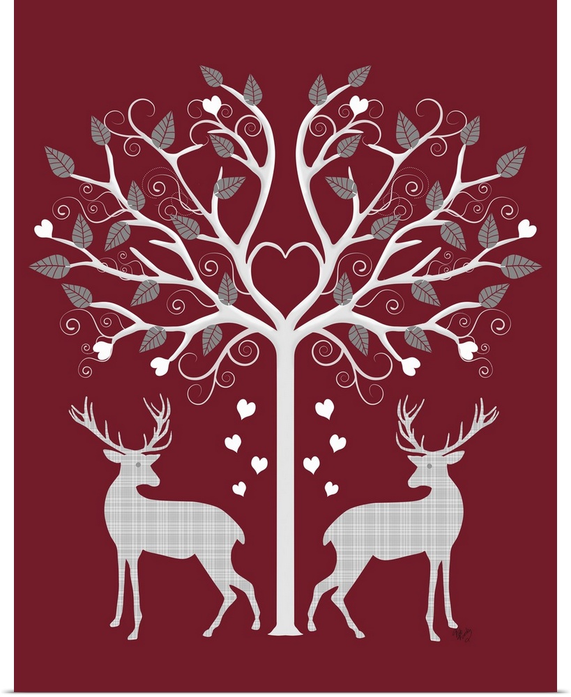 Whimsical Christmas decor with two plaid reindeer standing under a tree filled with leaves and heats, on a deep red backgr...