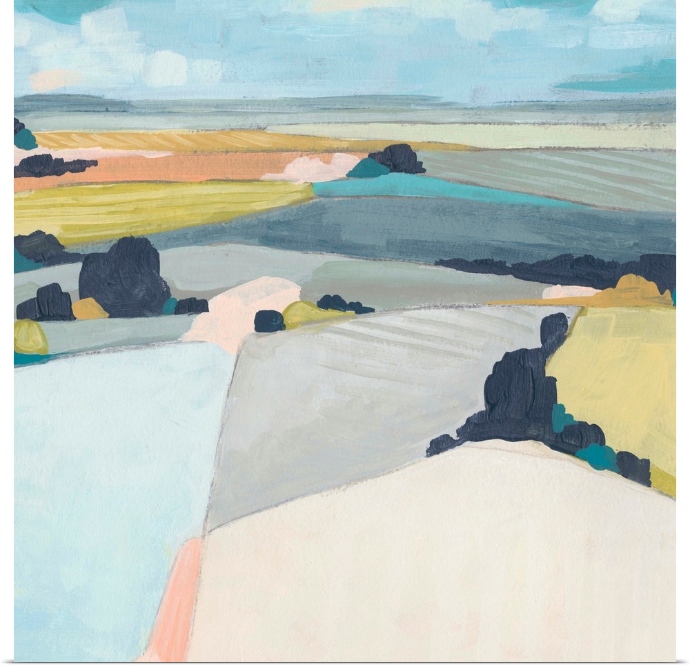 Contemporary abstract landscape in pastel hues.