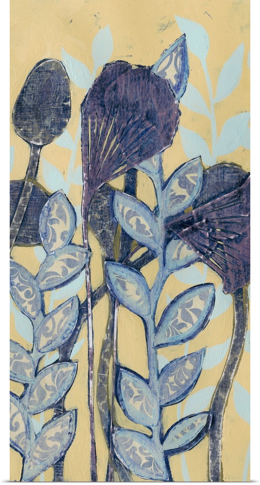 Contemporary home decor artwork of blue flowers against a cream background.