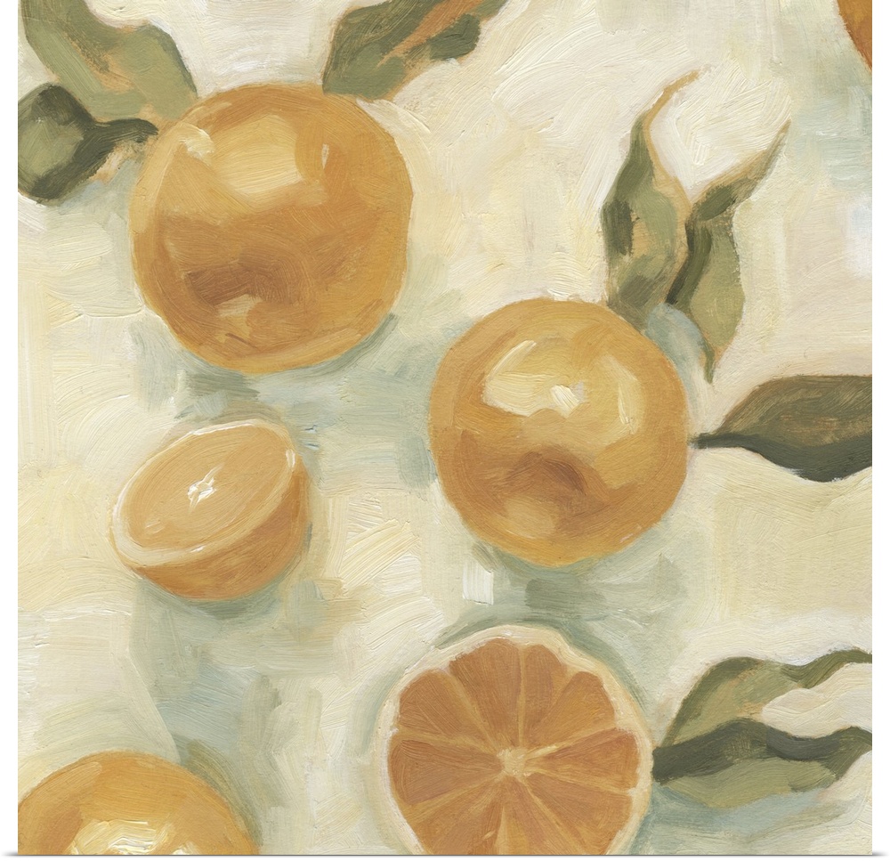 Contemporary artwork of sliced oranges created with thick brush strokes.