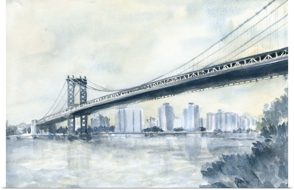 Contemporary watercolor painting of an urban bridge spanning a river, with a city skyline in the distance.