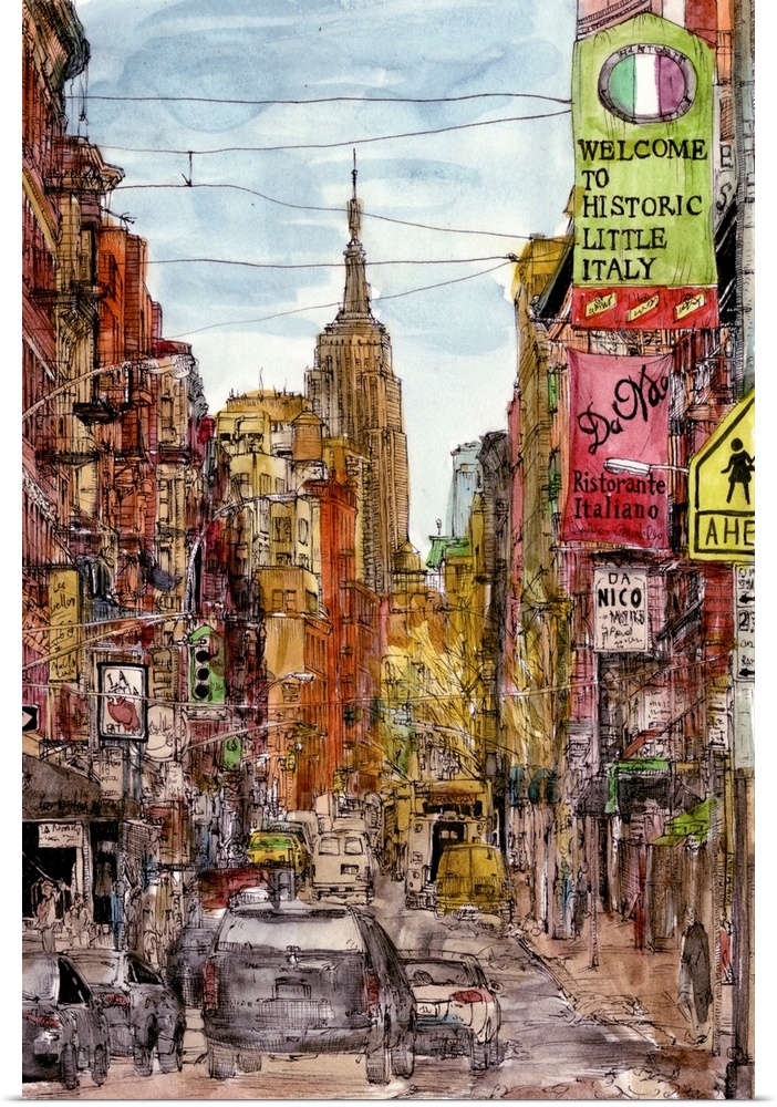 Illustration of a street scene with skyscrapers in New York City.