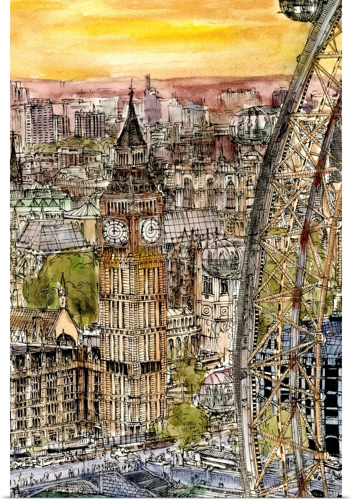 Illustrated cityscape of London at sunset with a view of Big Ben and the London Eye.