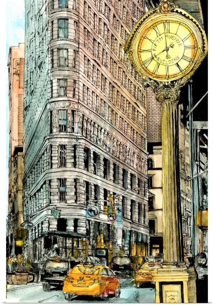 Illustrated cityscape of New York City with taxi cabs and a street clock.
