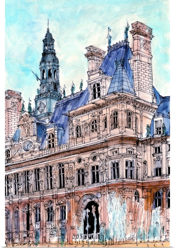 Illustration of a historic building seen from the city street.