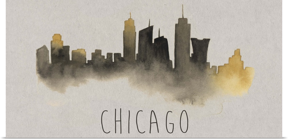 Chicago city skyline watercolor artwork.
