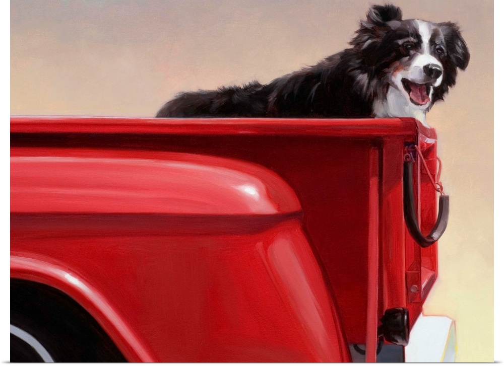 Painting on canvas of a dog standing in the back of an old truck bed.