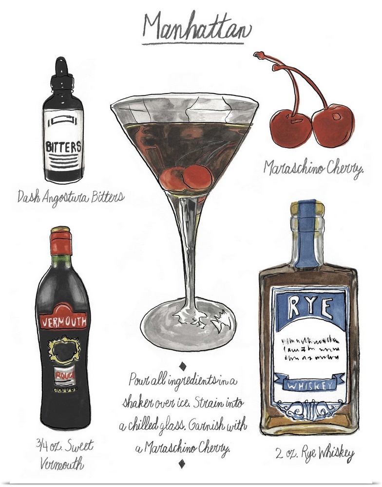Contemporary artwork of a cocktail recipe showing illustrated ingredients against a white background.