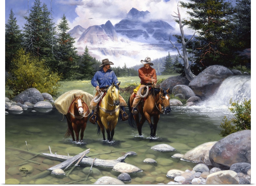 Contemporary Western artwork of two cowboys and their horses crossing a mountain stream,