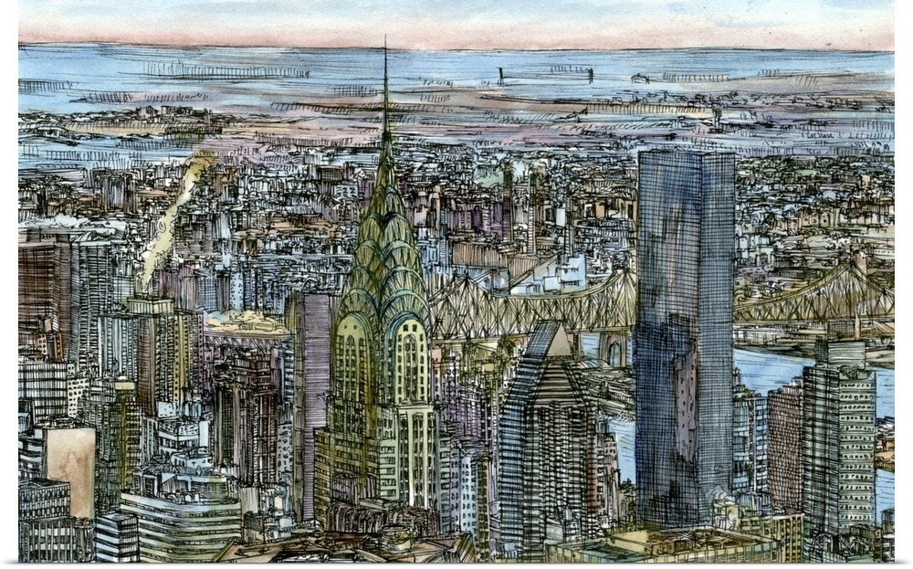Contemporary drawing with filled in color of an aerial view of part of New York City with the Chrysler Building in the cen...