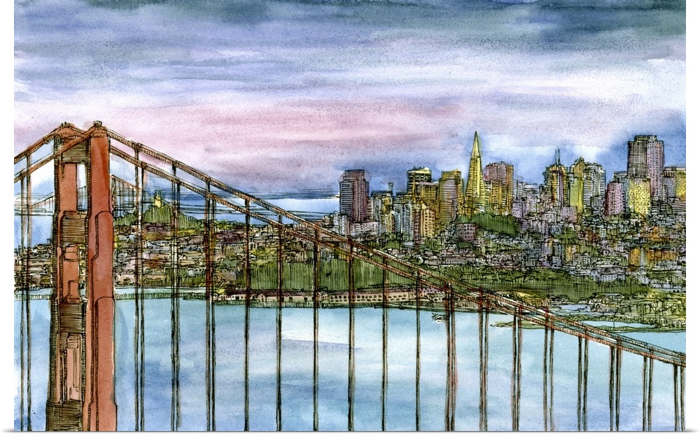 Contemporary drawing with filled in color of part of the San Francisco skyline from the Golden Gate Bridge.