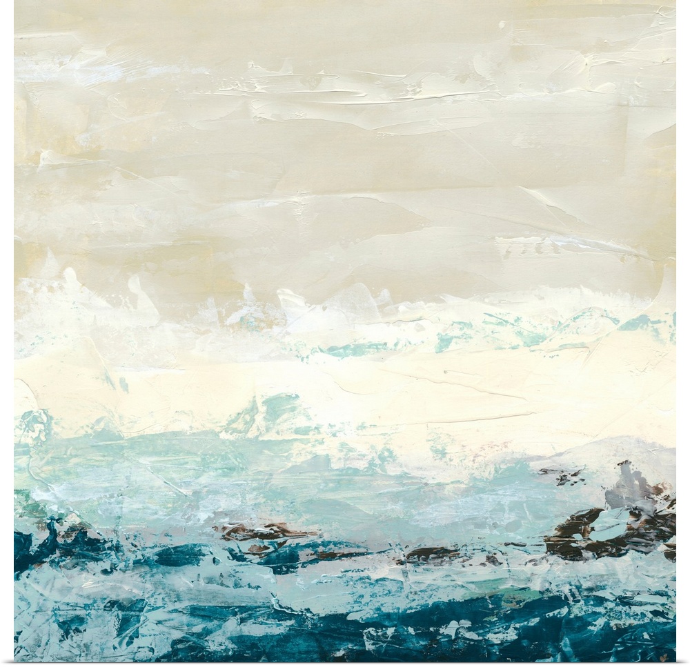 Square abstract painting of an ocean made up of large brush strokes.