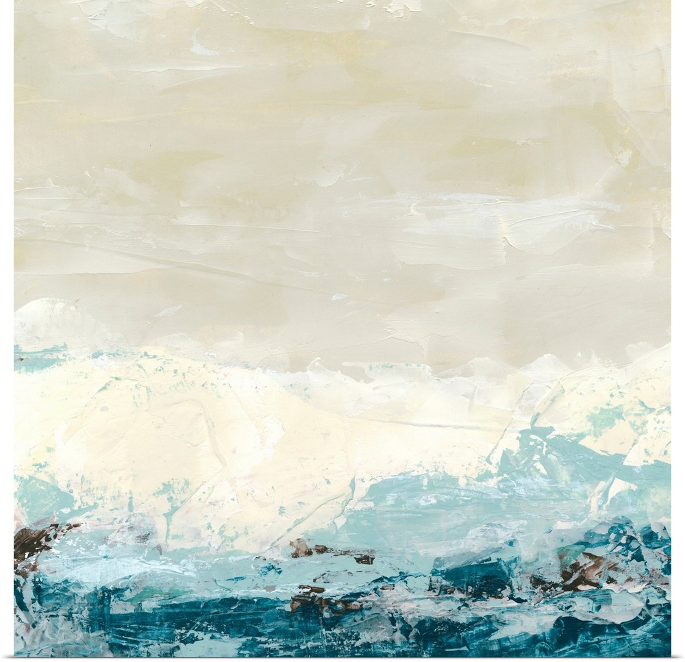 Square, large contemporary painting of sand colored background covered at the bottom by chaotic, ocean colored paint splat...