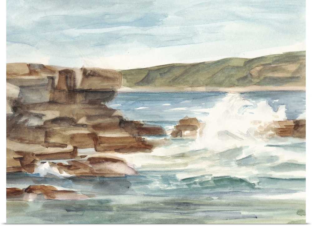 Contemporary painting of waves crashing against a rocky shore.