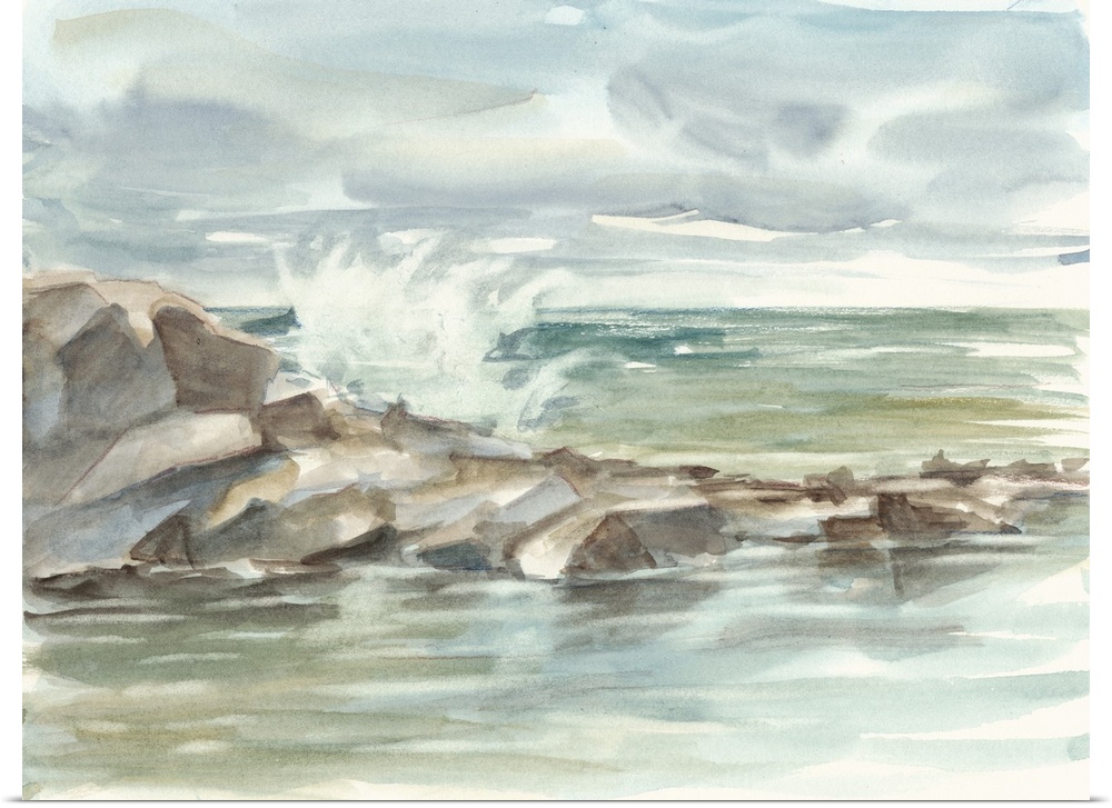 Contemporary painting of waves crashing against a rocky shore.