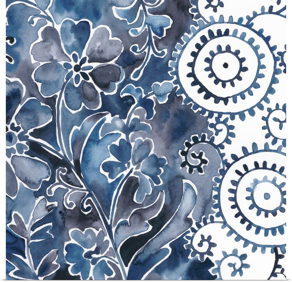 This contemporary watercolor artwork consists of blue flowers that tumble over a mottled blue background and is tethered b...
