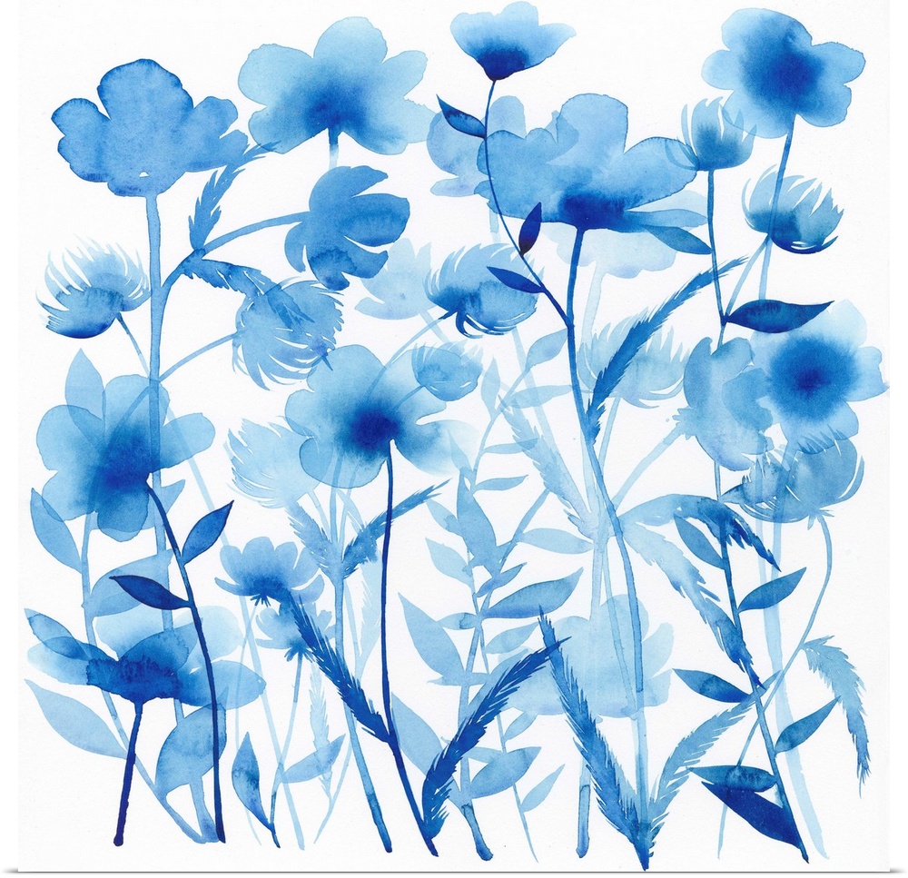 Blue watercolor flowers against a white background.