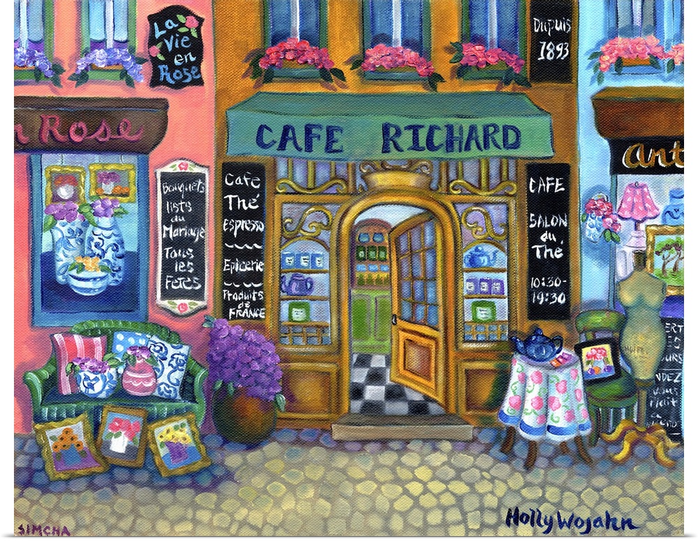 Colorful painting of a French cafe with a green awning, hand-written menus, and a bench.