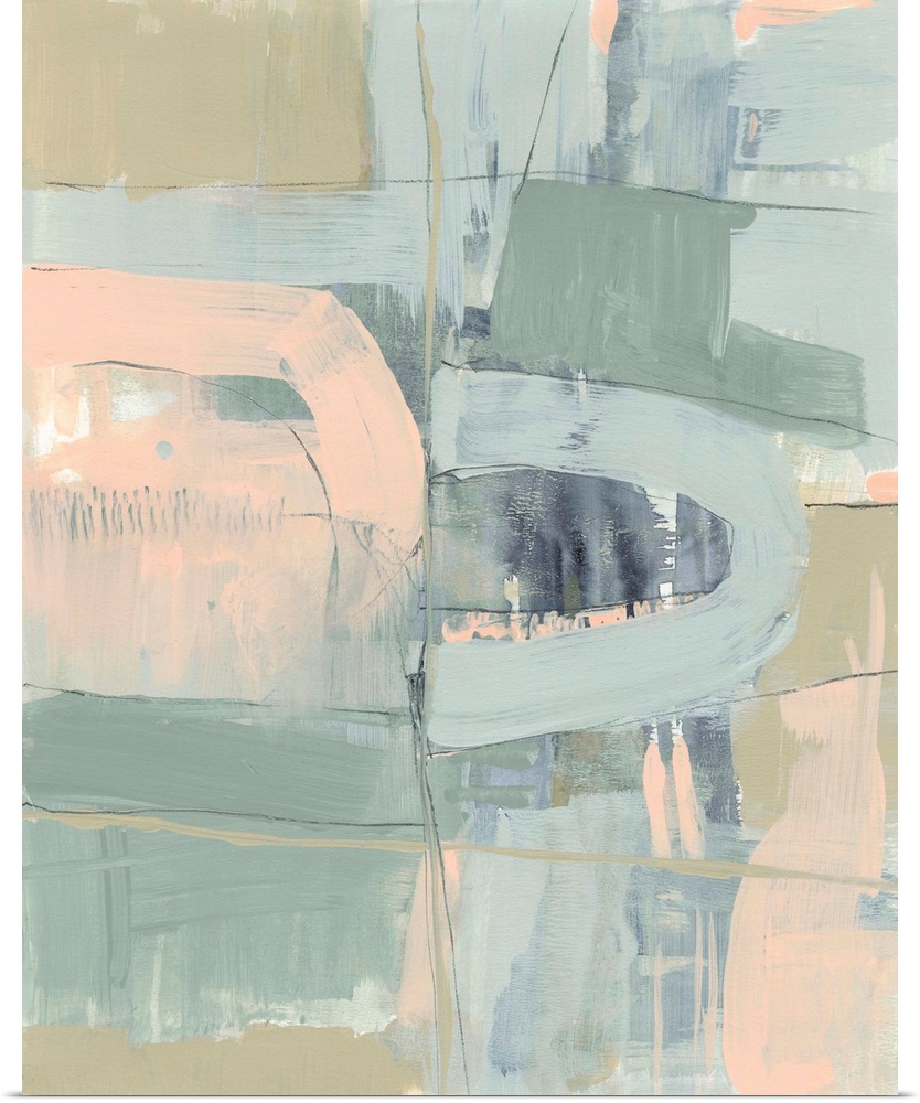 Contemporary abstract painting constructed of blocks of pastel pink, green, and blue.
