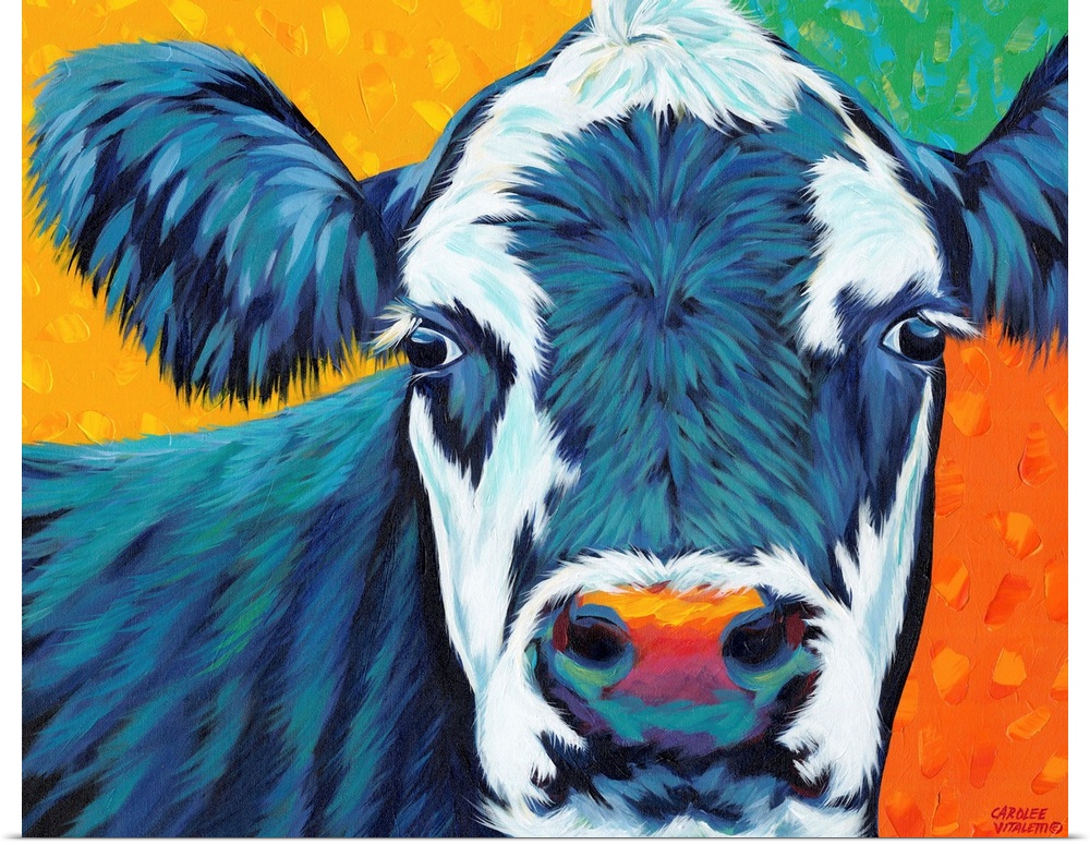 Colorful contemporary painting of a portrait of a cow.