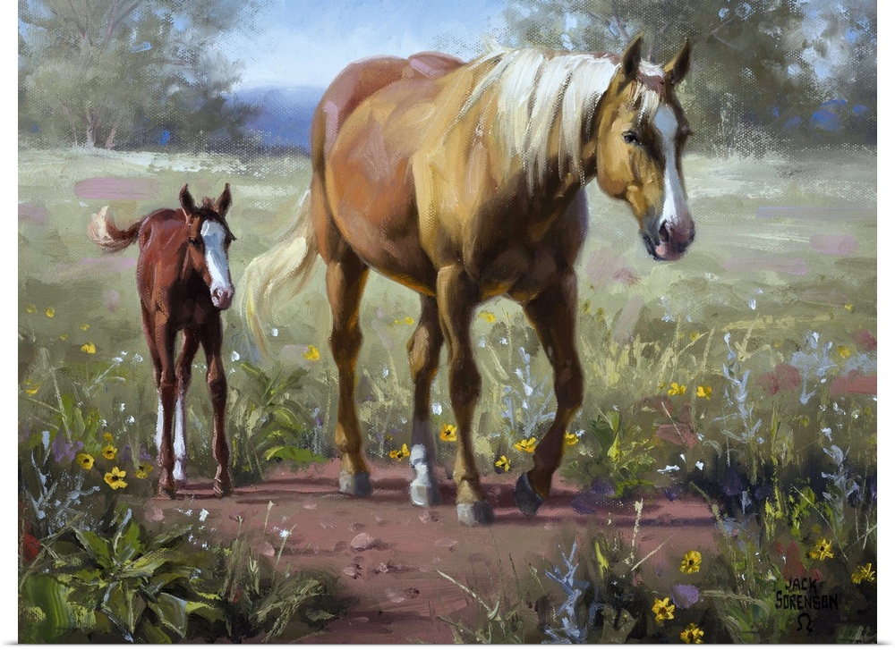 Contemporary Western artwork of a palomino mare and her newborn foal walking across a meadow.