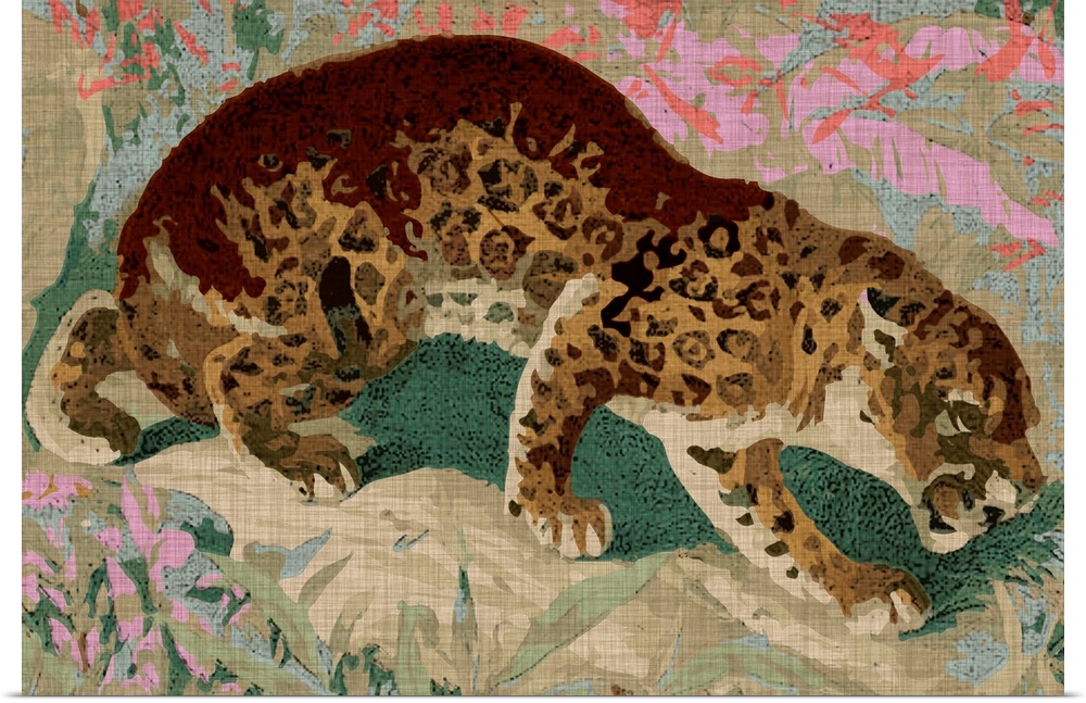 Bohemian painting of a tiger in front of a floral background.