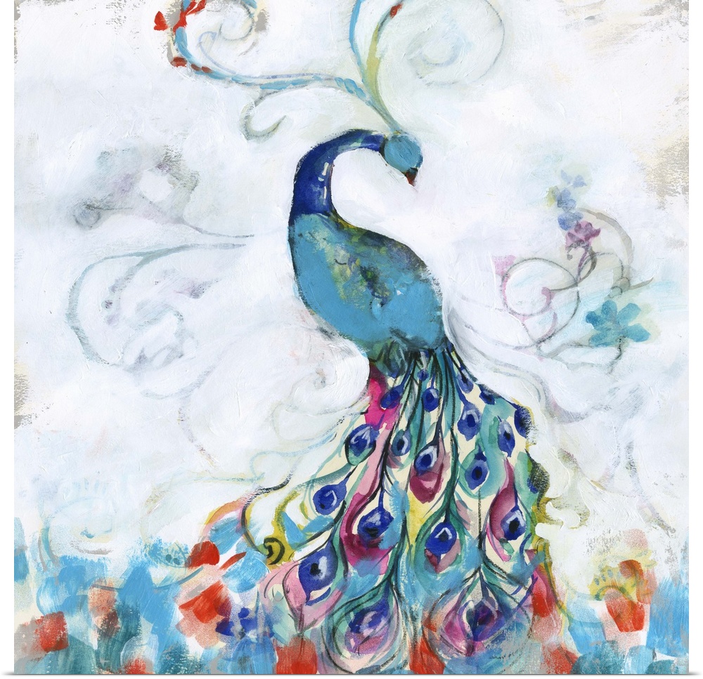Whimsical painting of a colorful peacock with brightly colored feathers.