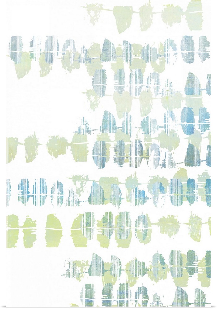 Contemporary abstract painting of rows of blue and green spots on white.