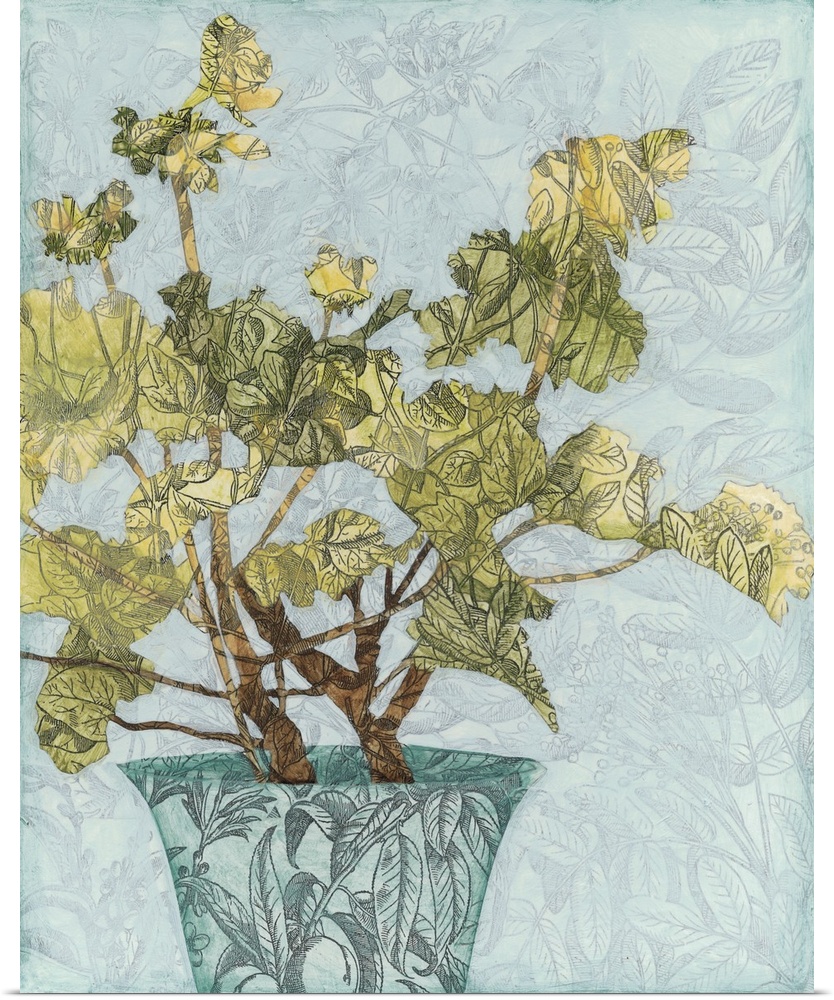 Contemporary collage art of a decorative plant in a blue pot on a light blue background, all with illustrated leaves and b...