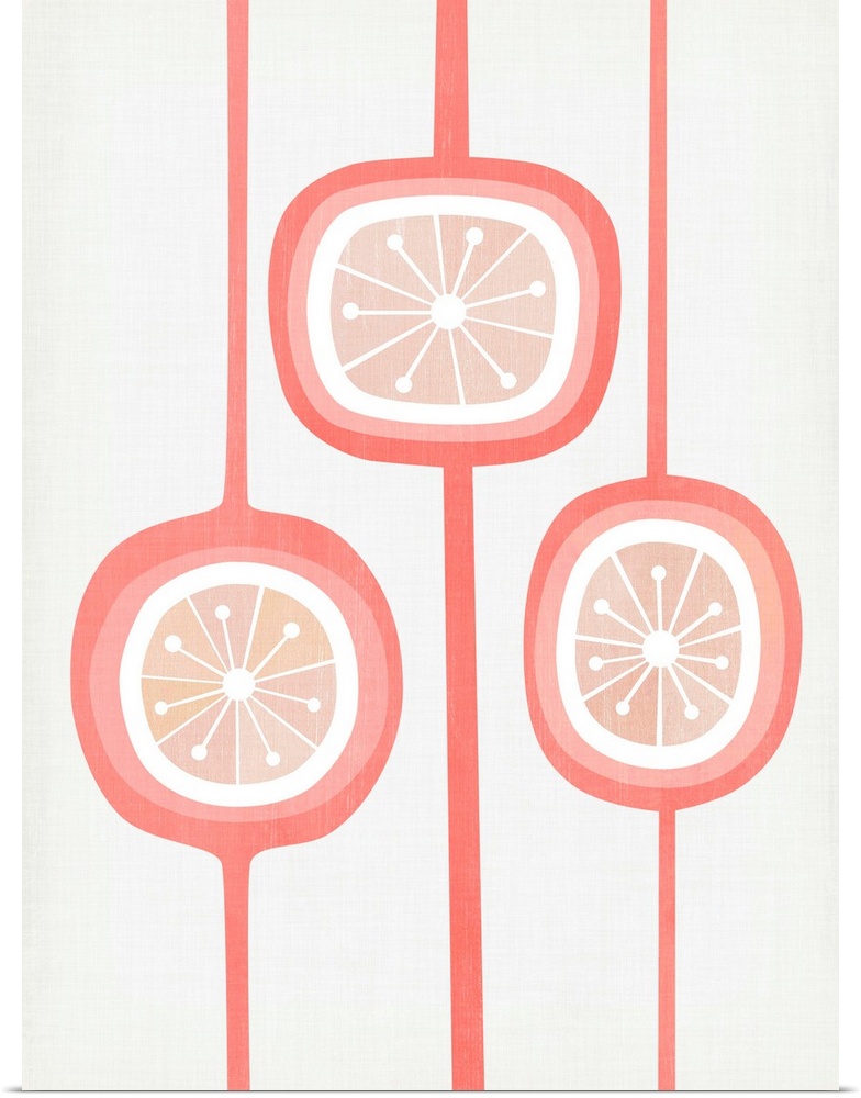 Mid-century modern design of three seed pod shapes in shades of coral and blush against a dove grey background
