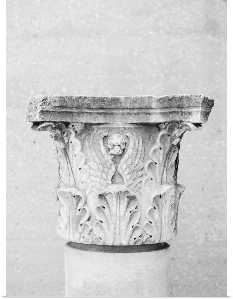 Black and White photograph of an ornately carved column, Athens, Greece.