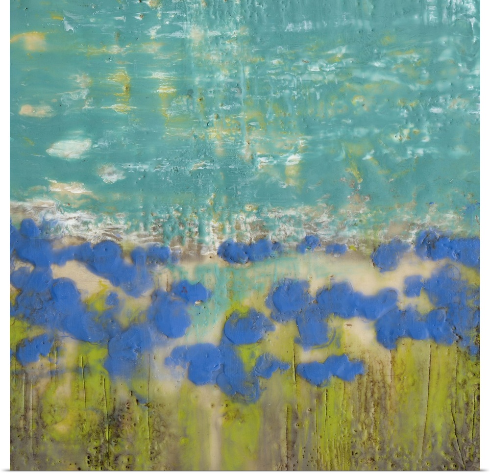 Contemporary painting of a field of blue poppies.